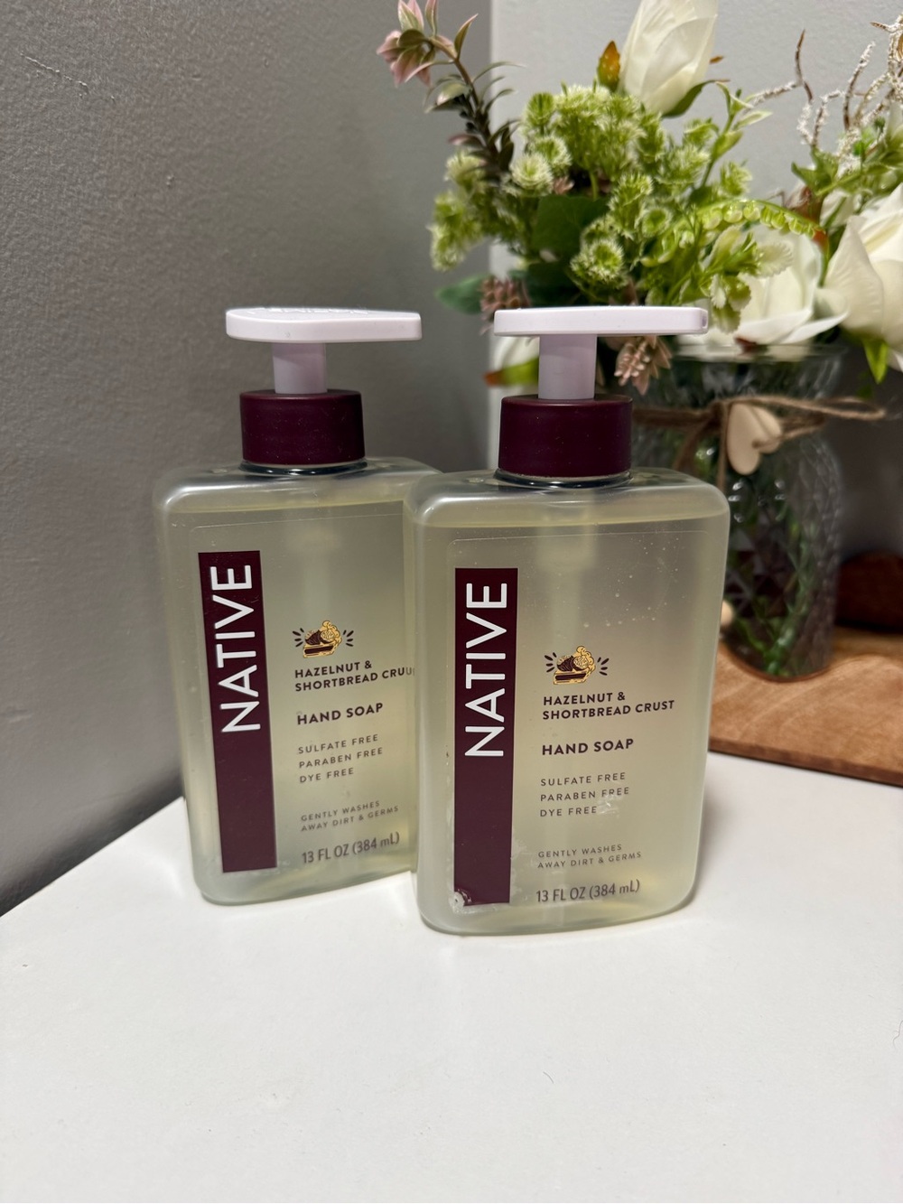 Native Hand Soap Duo with Burgundy Labels and White Pumps